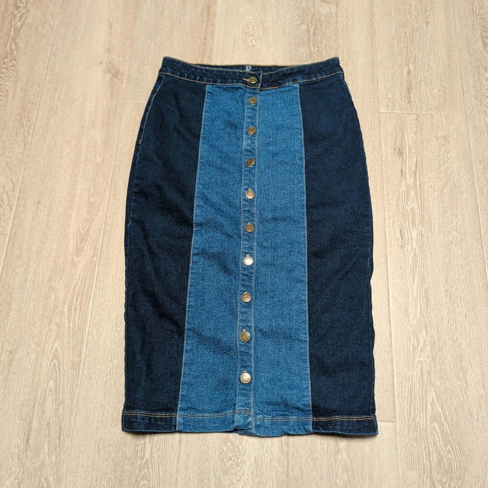 New York & Co Womens 8 Blue Two Tone‎ Denim Button Front Pencil Midi Skirt 30x30
